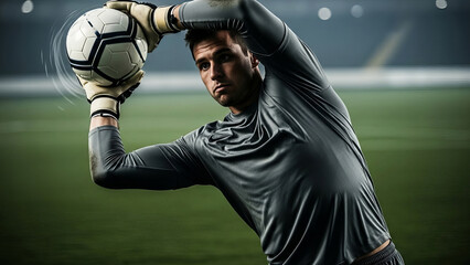 A soccer goalkeeper, clad in his team's uniform of gray and black, poised in action on a lush green field under a clear blue sky