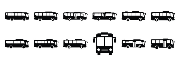 Collection of Silhouette bus transport icon set isolated on transparent background. Vector illustration set. © KartikChandro