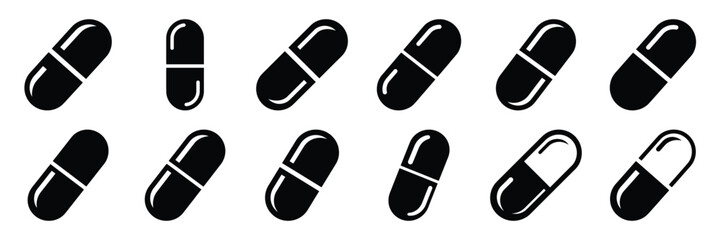 Collection of Silhouette capsule pill icon set isolated on transparent background. Vector illustration set. © KartikChandro