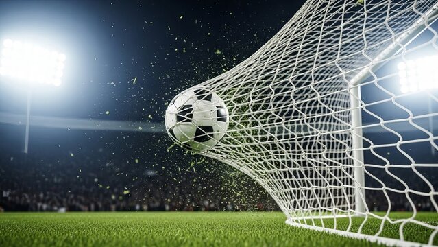 A soccer goal with a white netting and a black ball flying towards it at high speed