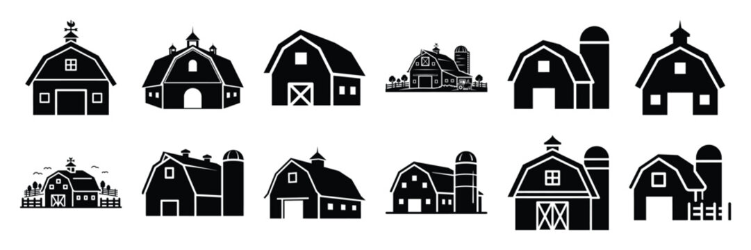 Collection of Silhouette barn farm icon set isolated on transparent background. Vector illustration set.