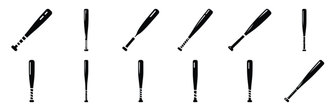Collection of Silhouette baseball bat icon set isolated on transparent background. Vector illustration set.