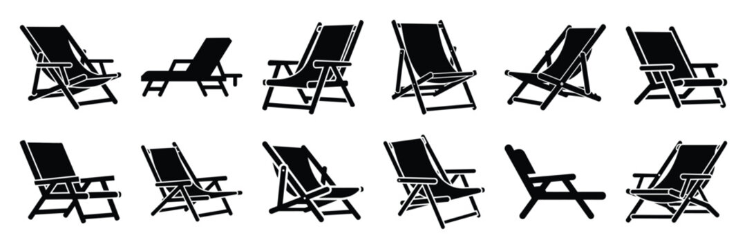 Collection of Silhouette beach chair icon set isolated on transparent background. Vector illustration set.