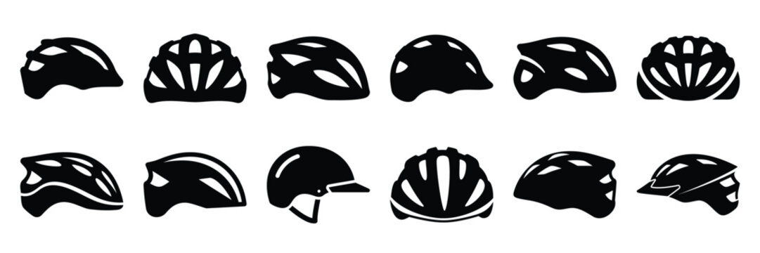 Collection of Silhouette bicycle helmet icon set isolated on transparent background. Vector illustration set.