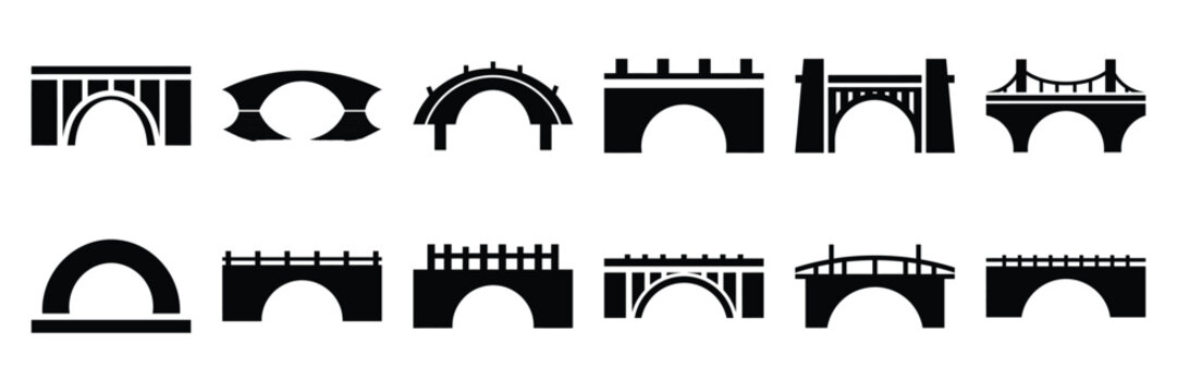 Collection of Silhouette bridge arch icon set isolated on transparent background. Vector illustration set.