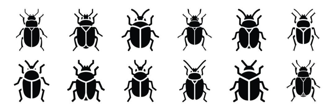 Collection of Silhouette bug insect icon set isolated on transparent background. Vector illustration set.