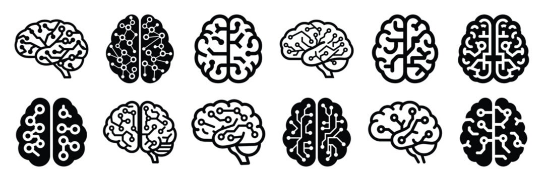 Collection of Silhouette brain circuit icon set isolated on transparent background. Vector illustration set.
