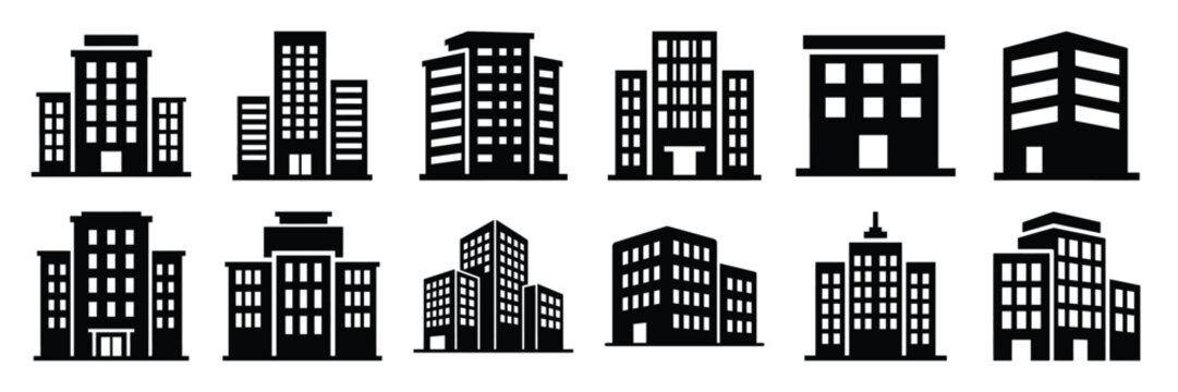 Collection of Silhouette building office icon set isolated on transparent background. Vector illustration set.
