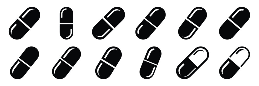 Collection of Silhouette capsule pill icon set isolated on transparent background. Vector illustration set.