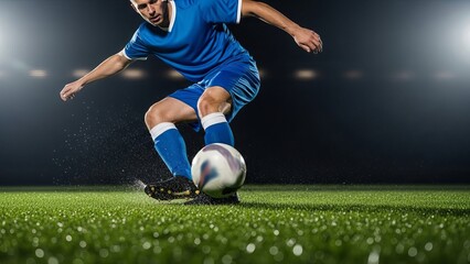 Naklejka premium A soccer player dressed in a vibrant blue jersey and black shorts skillfully kicking a white and blue soccer ball on a lush green field