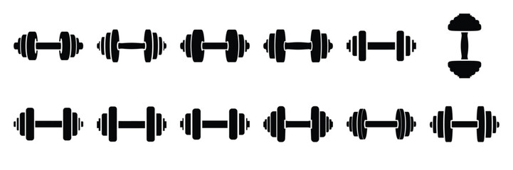 Collection of Silhouette dumbbell fitness icon set isolated on transparent background. Vector illustration set.