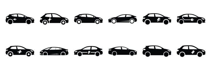 Fototapeta premium Collection of Silhouette electric car icon set isolated on transparent background. Vector illustration set.