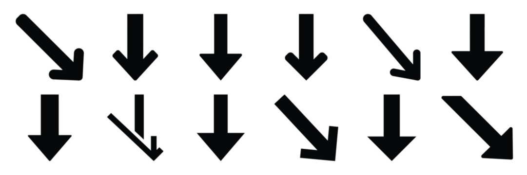 Collection of Silhouette downstairs arrow icon set isolated on transparent background. Vector illustration set.