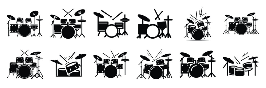 Collection of Silhouette drum music icon set isolated on transparent background. Vector illustration set.