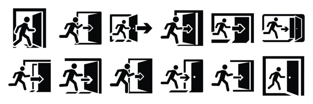 Collection of Silhouette emergency exit icon set isolated on transparent background. Vector illustration set.