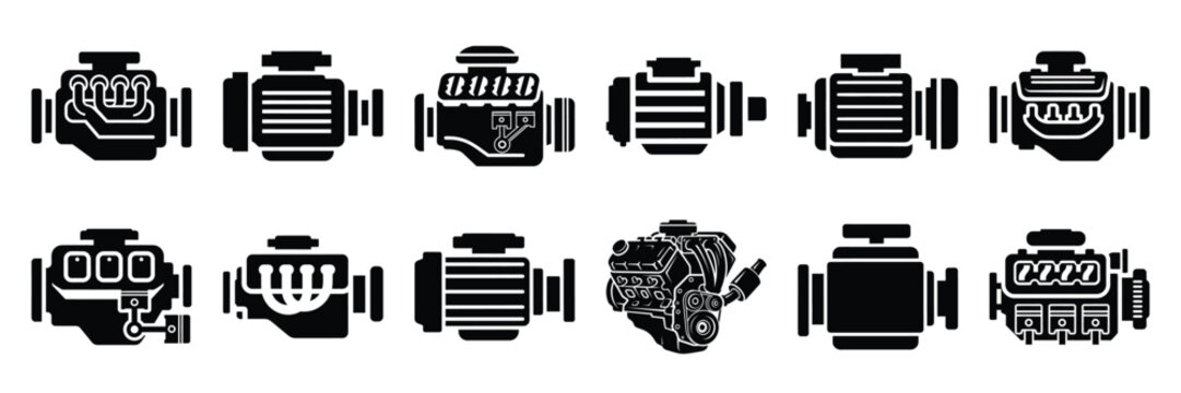 Collection of Silhouette engine motor icon set isolated on transparent background. Vector illustration set.