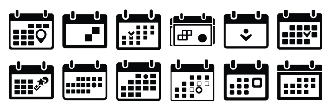 Collection of Silhouette event calendar icon set isolated on transparent background. Vector illustration set.