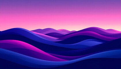 Minimalist flat vector illustration of rolling hills, layered undulating curves Ethereal landscape with rolling purple and blue fog 