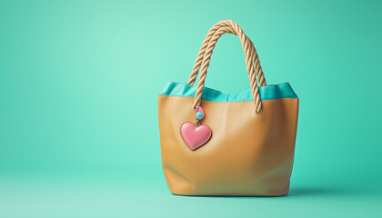 Large brown leather tote bag hangs with teal heart charm and small red heart charm. Simple studio shot, clean background