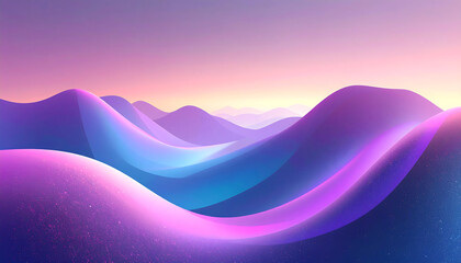 Minimalist flat vector illustration of rolling hills, layered undulating curves Ethereal landscape with rolling purple and blue fog 