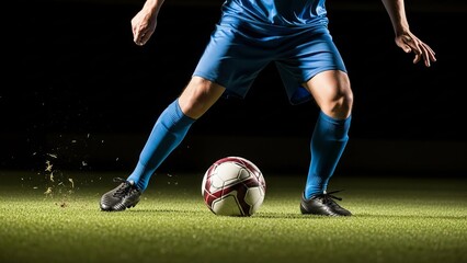 A soccer player dressed in blue shorts and black shoes kicking a white and red soccer ball with their right foot