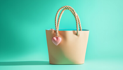 Large brown leather tote bag hangs with teal heart charm and small red heart charm. Simple studio shot, clean background