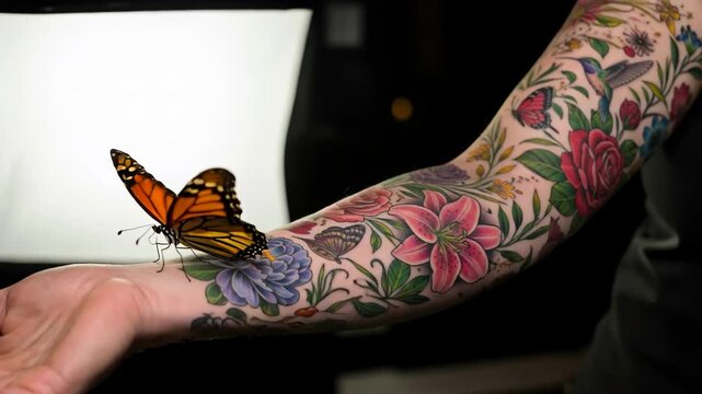 Butterfly landing on a woman?s forearm with a vibrant floral tattoo sleeve. Body art with nature interaction.