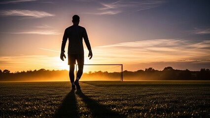 A soccer player walking away from the camera towards the right side of the frame