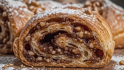 A delectable closeup view of a freshly baked goldenbrown pastry intricately sliced to reveal its rich swirled interior filled with crunchy nuts and a sweet dark filling elegantly dusted with powdered.