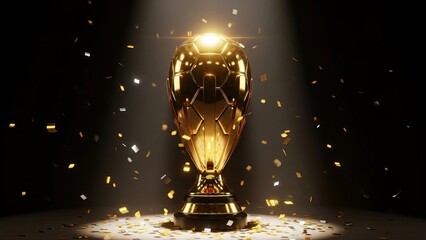 A golden trophy with a soccer ball design at its center, surrounded by gold confetti that is scattered around it