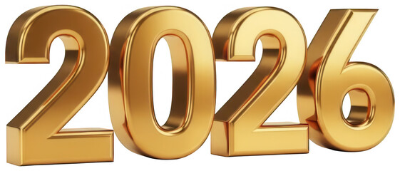 Three dimensional golden 2026 numbers with depth and metallic finish for new year graphics
