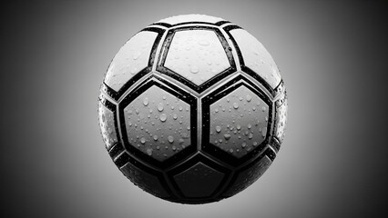 A close-up view of a soccer ball with white hexagonal patterns against a black background