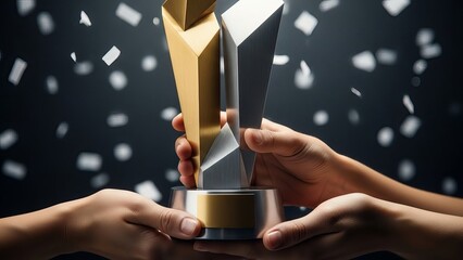 A pair of hands holding a trophy against a black background with scattered gold confetti