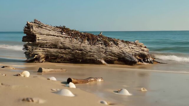 Driftwood and shells on a quiet beach at sunrise