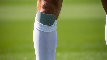 A close-up view of a person's leg with a blue and white bandage wrapped around it, sitting on a green field