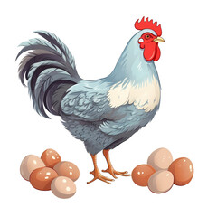 Hen guarding seven eggs on white background