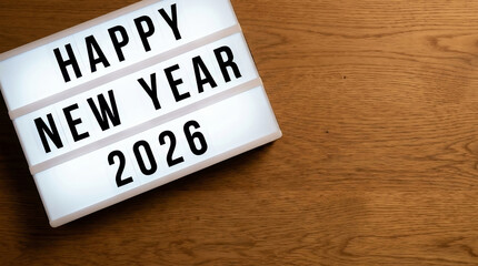 Cinema light box with Happy New Year 2026 message on wood