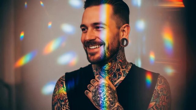 Caucasian man with tattoos and stretched earlobe piercing poses as rainbow light moves across his face. Modern body art, individuality concept.