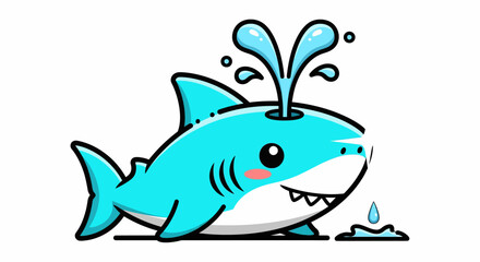 Fototapeta premium Cute cartoon blue shark spouting water playfully.