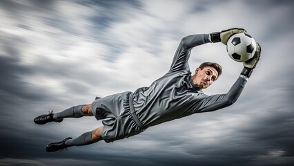 A goalkeeper dressed in a gray uniform, holding a white soccer ball high above his head as he leaps into the air with outstretched arms