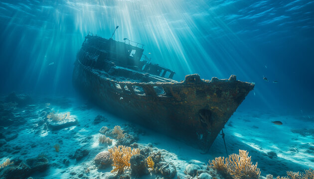 Underwater view of sunken ship resting on the seabed. Fish swim around old wreck. Sun rays penetrate water through old vessel