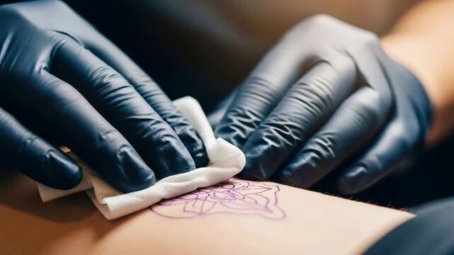 Tattoo artist wearing black gloves wiping purple stencil design on skin. Body art preparation. Tattooing process and skin marking.