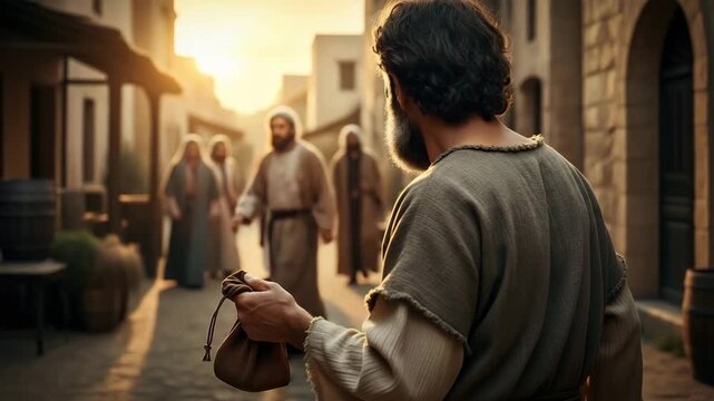 Conflicted merchant's glance,  a Hebrew man Aaron, walking away down a Galilean street with a complex expression of awe and fear, his hand holding a pouch of coins. Religious betrayal or temptation.