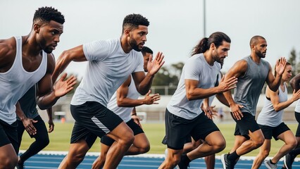 A group of six individuals running on a track during what appears to be a training session