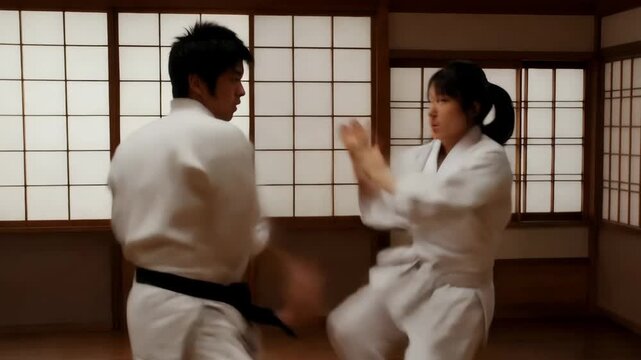Martial arts training with two practitioners in a dojo setting during the afternoon