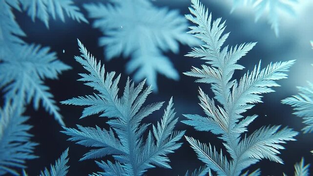 Intricate patterns of frost crystals on a surface.