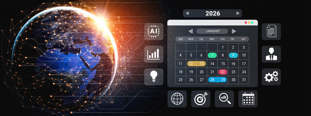 2026 calendar interface surrounded by AI, data, and business icons representing scheduling, planning, and productivity management Parse