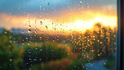 Close-up of raindrops on a window with blurred trees in the foreground. Golden sunset bathes the sky in warm hues