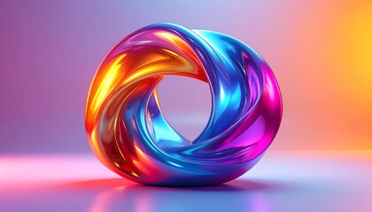 A smooth, glossy, abstract, mobius-style loop sculpture displays a gradient of orange, purple, and blue hues. Soft lighting gives it depth