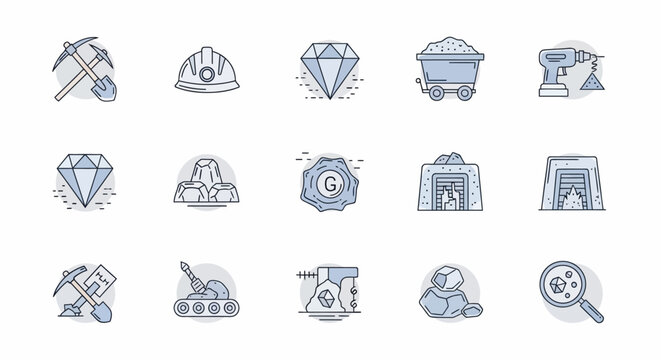 Collection of mining and mineral extraction equipment and tools illustrations.